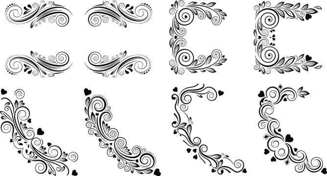 Ornamental Floral Divider and Corner Set with Vintage Swirls Leaves Hearts Decorative Elements Black Vector Collection for Wedding Invitations and Elegant Design