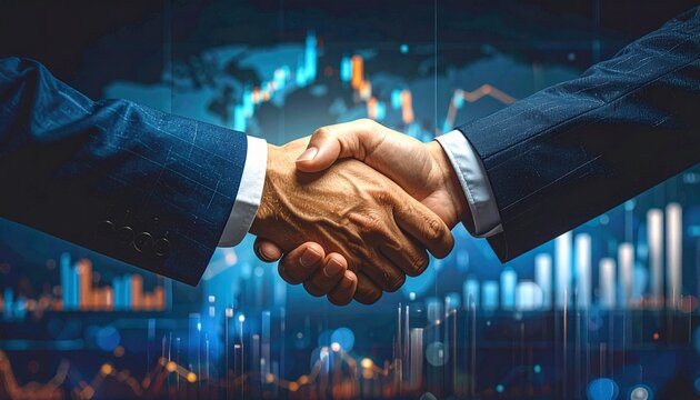 Professional business partners shaking hands after reaching a successful financial agreement in front of digital stock market data charts.
