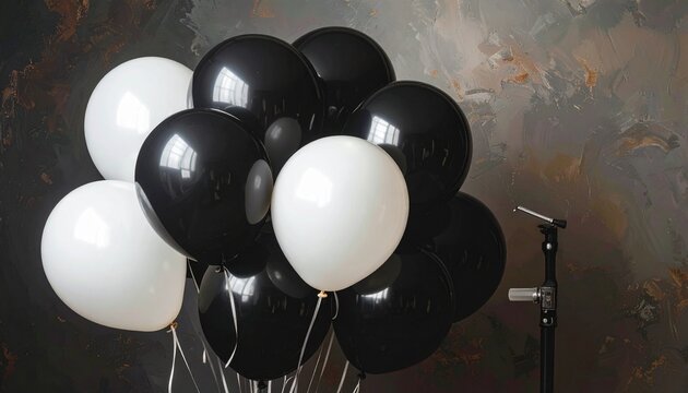 A beautiful festive arrangement of shiny black and white balloons floating against a dark textured artistic background for celebrations.