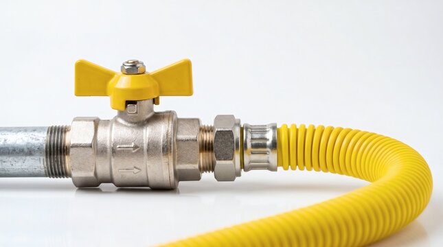 Gas ball valve with yellow handle and flexible corrugated yellow hose on white background.