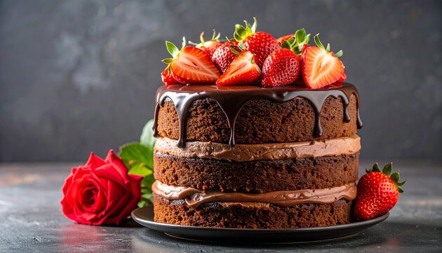 A delicious chocolate layer cake decorated with fresh red strawberries and a romantic red rose on a dark rustic textured background scene.
