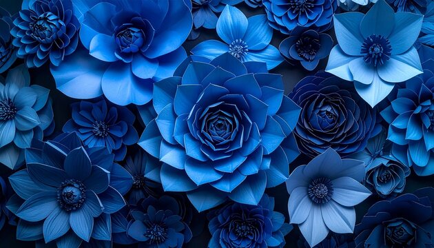 Beautiful blue paper flowers arrangement background with elegant handcrafted floral petals in various shades of vibrant navy and azure.