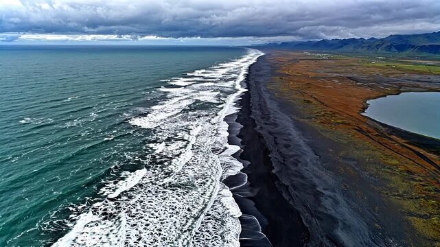 Aerial view of black sand beach and ocean symbolizing exploration and the great outdoors