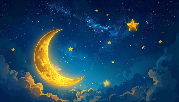 A dreamy illustration featuring a glowing golden crescent moon surrounded by twinkling stars and soft fluffy clouds in a magical deep blue night sky.