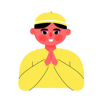 Illustration of little muslim boy greeting Eid al adha isolated white background.