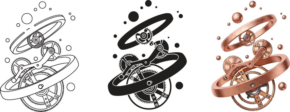Abstract mechanical movement intricate clockwork gears and rings conceptual design for time or innovation isolated on white