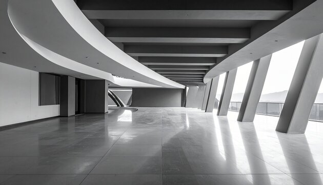 Modern minimalist interior with high ceiling and concrete structural columns showcasing contemporary architectural design in black and white style.