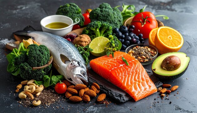 Fresh salmon fillet and whole fish with various healthy ingredients like nuts broccoli avocado and berries for a balanced diet concept.
