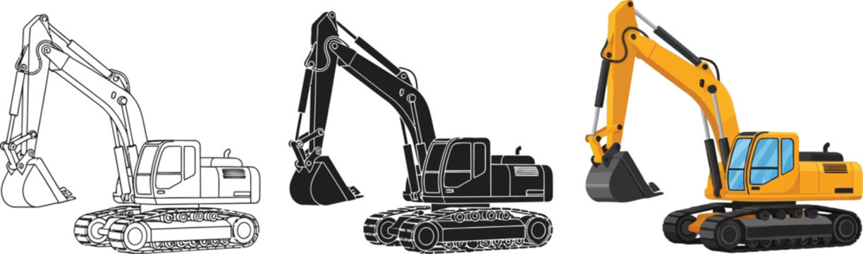 Set of excavator illustrations outline silhouette and full color vector graphics for construction industry concepts isolated on white