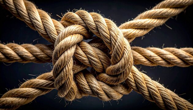 Close up of a complex and sturdy nautical rope knot tied together symbolizing strength connection partnership and reliability in business.