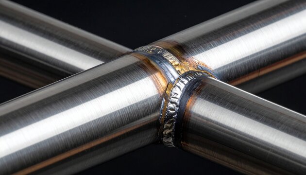 Macro close up shot of a metallic pipe junction featuring a detailed welded seam joint against a dark black background for industrial use.