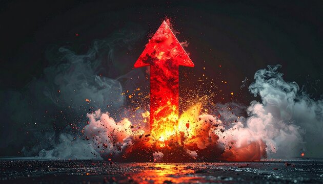 A dynamic conceptual image featuring a blazing red arrow surging upwards amidst smoke and glowing embers representing growth and success.