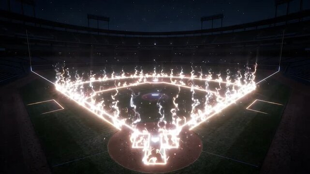 A baseball diamond is formed by neon wireframe lights, creating a dynamic and futuristic visual on the field. The lights illuminate the stadium and create an electrifying atmosphere.