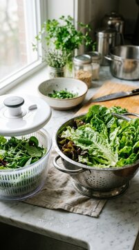 Fresh Greens and Vegetables Being Prepared in a Salad Spinner Beside a Cutting Board With Other Ingredients in a Well-Lit Kitchen
