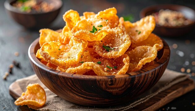 A delicious wooden bowl filled with crispy golden fried snack chips seasoned with fresh herbs on a rustic dark background for appetizer.