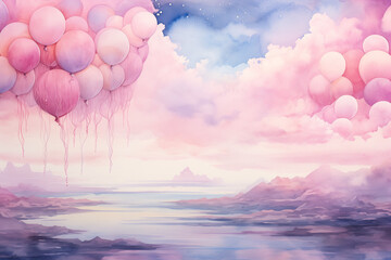 Fototapeta premium Dreamy landscape with pink balloons floating in pastel clouds over a serene lake