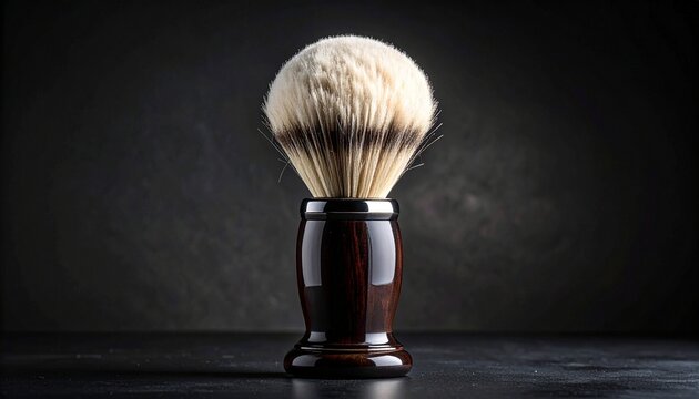 A classic shaving brush with a dark wooden handle isolated on a black background perfect for luxury male grooming and barber shop concepts.