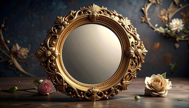 A beautiful ornate round golden mirror frame standing on a wooden table decorated with elegant flowers for a luxury home decor display.