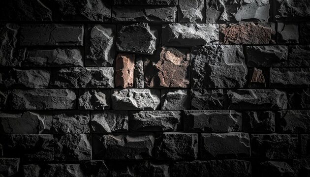 A dramatic high contrast close up view of a dark textured stone wall with subtle warm highlights on specific irregular shaped masonry blocks.