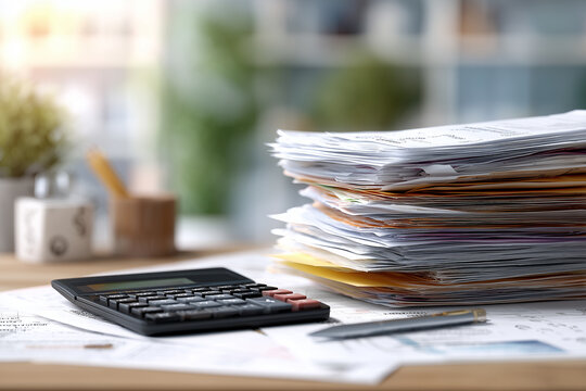 A stack of unpaid bills on the table with various paper invoices and receipts scattered around it, along with a calculator and pen.