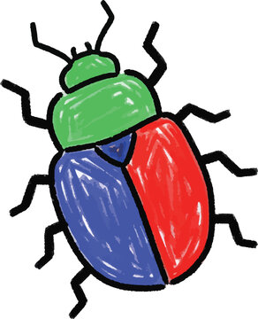 A colorful beetle illustration is drawn on a white background. The beetle has a red, blue, and green body with black outlines.