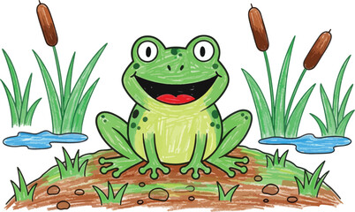 Fototapeta premium A cheerful green frog sits on a muddy bank surrounded by reeds and cattails. The frog is smiling and looking directly at the viewer.