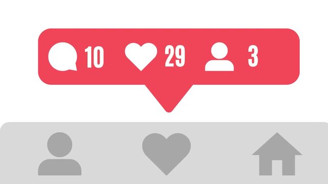 Animated social media post mockup featuring a red notification bubble with rapidly counting likes, comments, and new followers gained.
