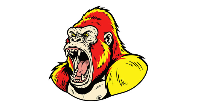 Angry Gorilla Head Illustration, Aggressive Ape Roaring, Fierce Primate Face