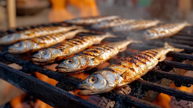 freshly grilled Portuguese sardines cooking over an open flame, smoky firelight