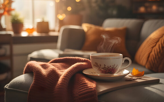 Cozy autumn indoor scene with warm lighting, knitted blanket, tea cup steam, soft shadows, hygge atmosphere, ultra realistic textures, cinematic composition