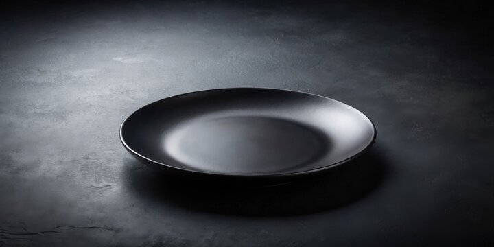 A solitary, empty, dark-colored plate rests on a textured, dark surface, ready for culinary creations or elegant displays.