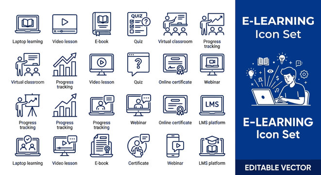 Mega Pack Icon Set Vector E-learning and digital education, online course and LMS platform development line illustrations