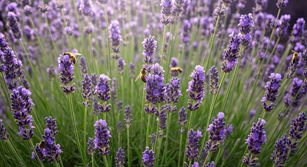 Obraz premium A bee is collecting nectar from a field of vibrant lavender flowers. The lavender plants are densely packed, creating a beautiful purple haze.