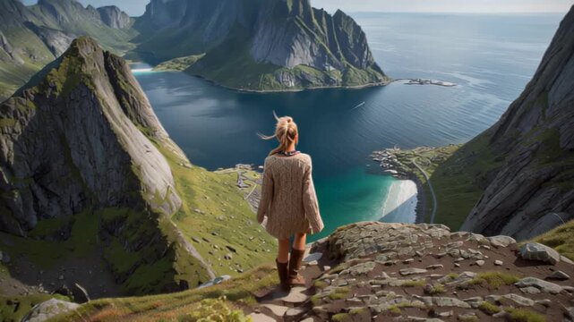Scenic travel footage of a woman standing on a rocky mountain trail, looking over a dramatic fjord, steep peaks and turquoise water on a clear summer morning