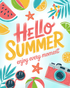 Hand-drawn flat design illustration of Hello Summer with fruits, beach ball, sunglasses, and a camera, promoting a fun and relaxing summer