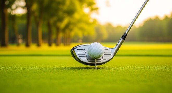Happy summer day golfing a perfect drive on a sunny green course