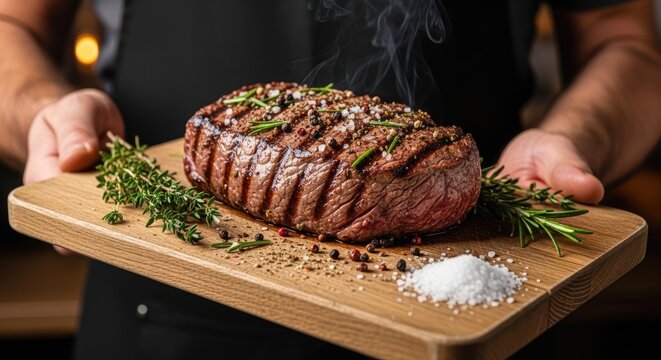 A person holds a large, juicy steak on a wooden cutting board. The steak is seasoned with salt and pepper and garnished with fresh rosemary sprigs.