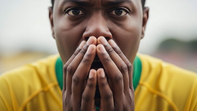 Brazilian fan anxiously holds his face and mouth in suspense during a World Cup match