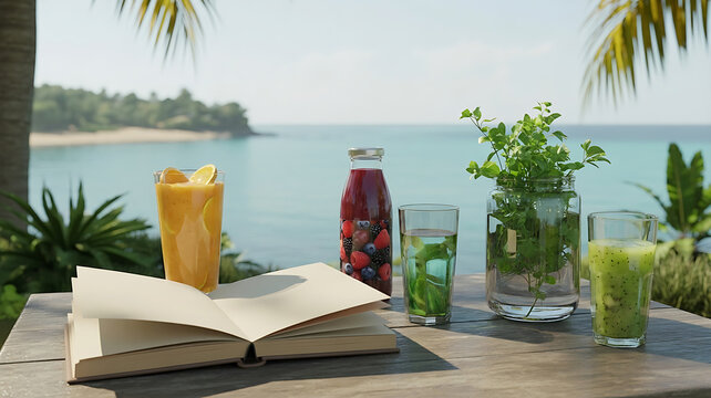 Refreshing organic fruit drinks and mint plant on a table with a scenic beach view, perfect for a summer day