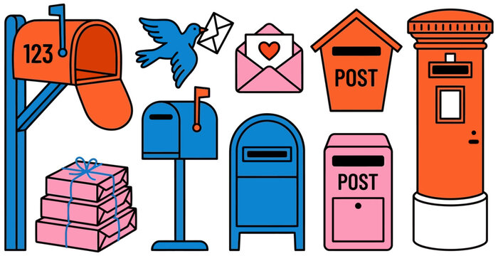 Collection of diverse colorful mailboxes parcels and a bird carrying an envelope depicting postal and delivery services postbox letter postal service communication package