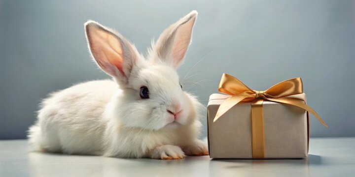 Adorable fluffy white bunny resting near a gift box with a golden ribbon, perfect for springtime celebrations