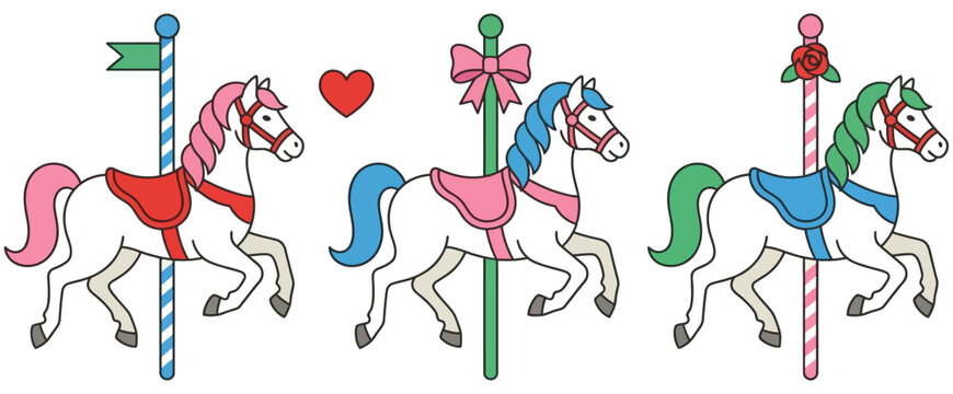 Three cheerful carousel horses with colorful manes and saddles are depicted in a playful row evoking childhood joy merry go round amusement park fun ride celebration vintage