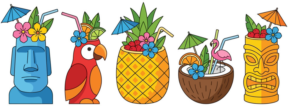 A collection of five stylized tropical drinks including tiki heads a parrot a pineapple and a coconut garnished with fruit flowers and umbrellas cocktail moai vacation summer
