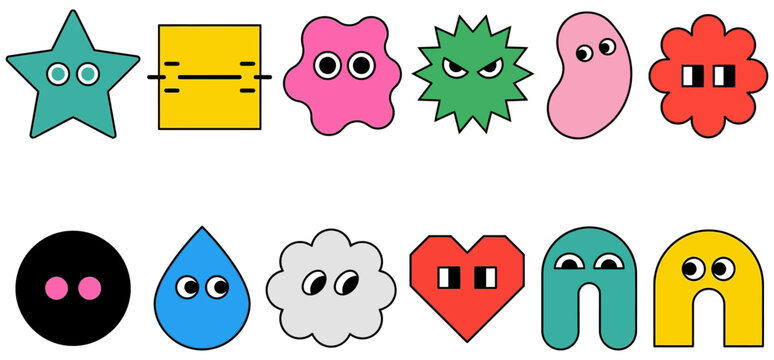 A vibrant collection of stylized colorful geometric and amorphous shapes with cartoon like eyes arranged in two rows A star square blob spiky sun bean and flower form the top row