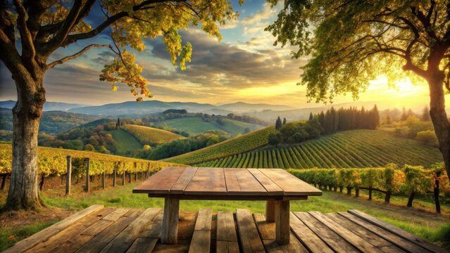Serene autumn vineyard landscape with a rustic wooden table overlooking rolling hills bathed in the golden light of sunset