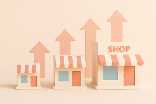 Three small 3d shop buildings with striped awnings increasing in size with large peach colored arrows pointing upwards on a light peach background