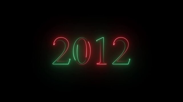 2012 neon text. Abstract 2012 neon text animation, Glowing 2012 neon text on black  background 4k video.
