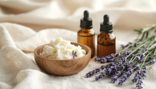 Lavender essential oil and shea butter with natural skincare ingredients, wellness spa scene