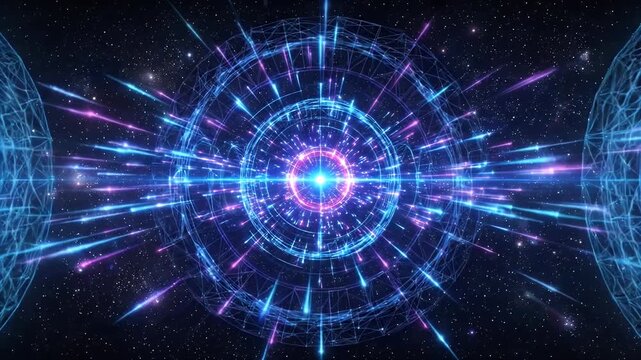 This video showcases a vibrant and futuristic abstract design with wireframe neon energy rings expanding outwards from a central point, against a dark background filled with stars.