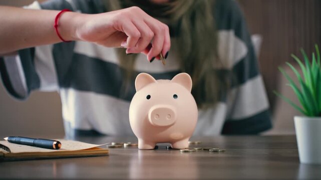 Saving money in piggy bank, teen hands putting coin, financial planning, budget concept, personal finance, economy and savings lifestyle.